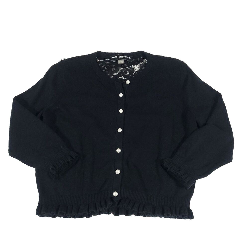 Sheer Lace Sweater Cardigan Karl‎ Lagerfeld M Black Ruffles pearl buttons career